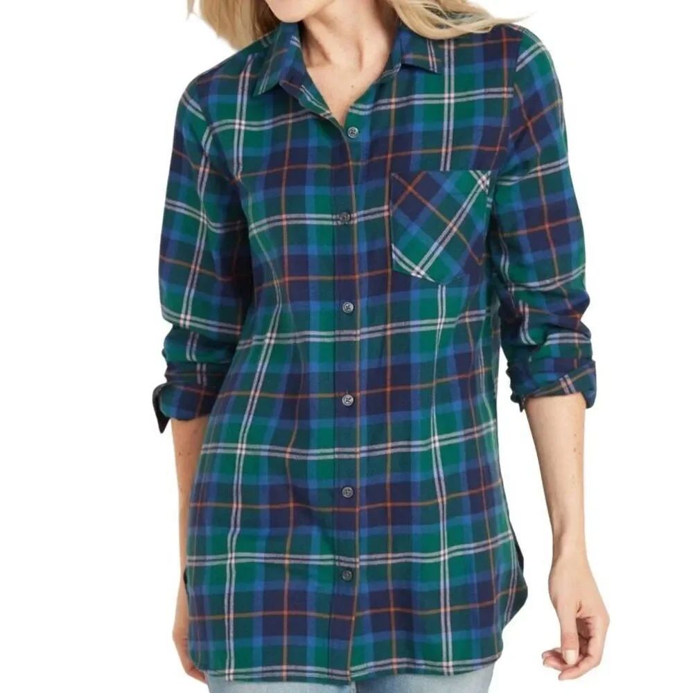 NWT Old Navy Tunic Shirt Women's XXL Blue Green Plaid Long Sleeve Button Down